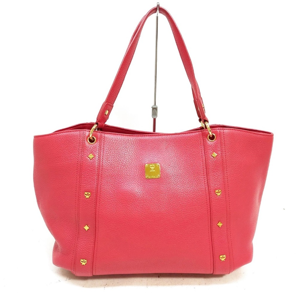 MCM Pink Leather Studded Tote with Gold Hardware